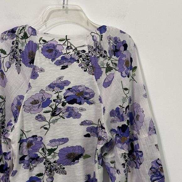 Anthropologie Blouse S V Neck Ruched Purple Floral Ballon Sleeve Boho Summer Top - Picture 7 of 11